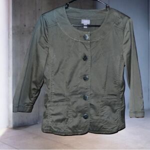 J.Jill Button Up Jacket Womens 6 Army Green Cotton Blend 3/4 Sleeve